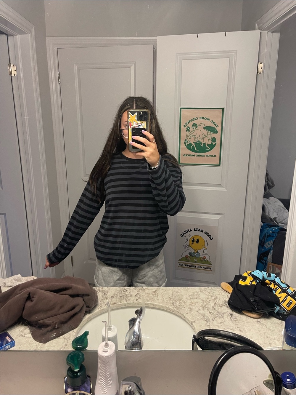 Uniqlo Black and Dark Gray Striped Crewneck Sweater